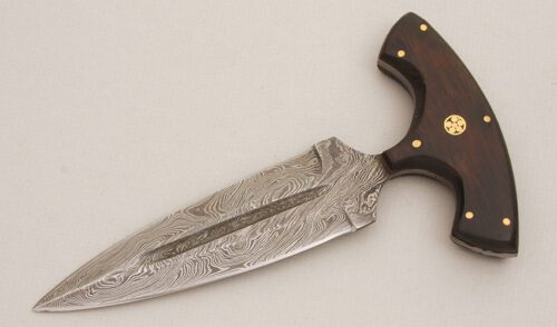 Unknown Maker Large Damascus Push Dagger with Rosewood Handle Scales handle material - Obverse Side - Item #KLC13982