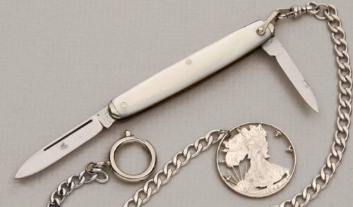 Boker Knives 2160 Tree Brand Pen Knife with Mother of Pearl Handle Scales handle material - Obverse Side - Item #KLC13983