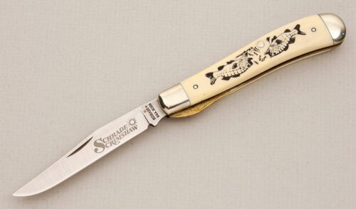 Schrade Cutlery SC503 Linerlock Trapper with Ivory Delrin Scales handle material - Obverse Side - Item #KLC13987