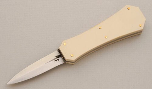Corey Dunlap Coffin Handle Boot Dagger with White Micarta Scales handle material - Obverse Side - Item #KLC13997
