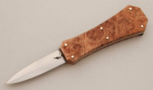 Corey Dunlap Coffin Handle Boot Dagger with Maple Burl Wood Scales handle material - Obverse Side - Item #KLC13998