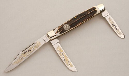 Kissing Crane 1990 NKCA Club Large STockman with Stag Handle Scales handle material - Obverse Side - Item #KLC14004