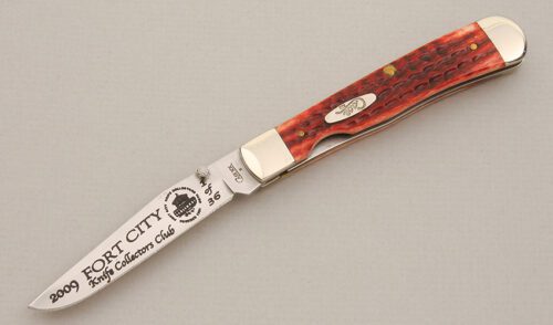 Case Cutlery 2009 FCKCC Liner Lock Folder with Red Jigged Bone Scales handle material - Obverse Side - Item #KLC14010