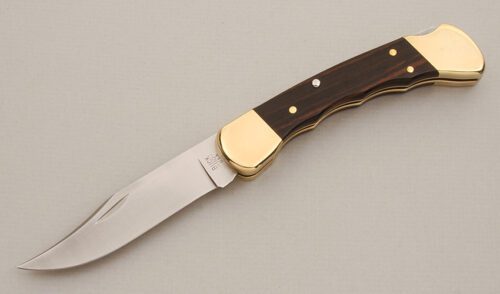 Buck Knives Buck 110 Lockback Folder with Macassar Ebony Handle Scales handle material - Obverse Side - Item #KLC14011