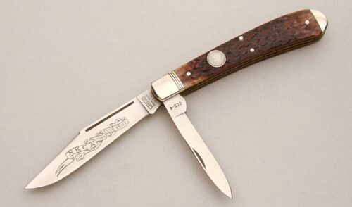 Camillus Cutlery 1998 NKCA Club Trapper with Brown Jigged Bone Scales handle material - Obverse Side - Item #KLC14043