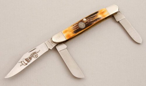 Bear MGC Cutlery 1993 NKCA Club Stockman with Burnt Stag Handle Scales handle material - Obverse Side - Item #KLC14049