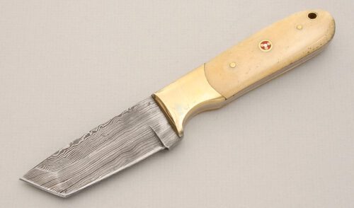 Unknown Maker Unknown Damascus Tanto with Smooth Bone handle material - Obverse Side - Item #KLC14053