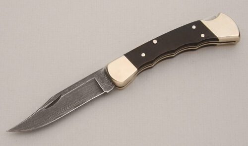 Buck Knives Buck Custom 110 Damascus with Green Dymondwood Scales handle material - Obverse Side - Item #KLC14055