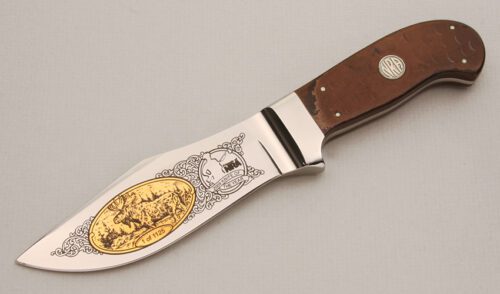 Canal Street Cutlery FNRA Bowie Hunter with Peened Genuine Leather Scales handle material - Obverse Side - Item #KLC14066