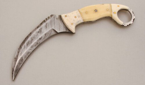 Unknown Maker Damascus Karambit with Natural Bone handle material - Obverse Side - Item #KLC14099