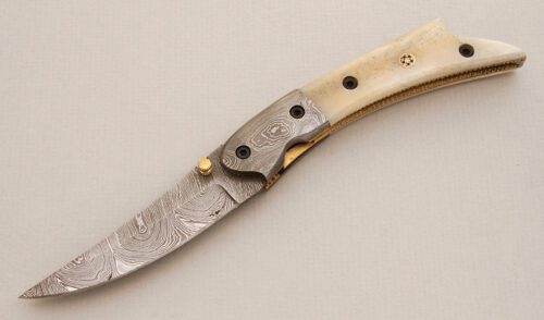 Unknown Maker Persian Style Damascus Folder with Smooth Natural Bone Scales handle material - Obverse Side - Item #KLC14102