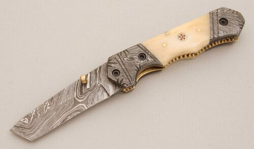 Unknown Maker Damascus Tanto Folder with Smooth Natural Bone Scales handle material - Obverse Side - Item #KLC14103