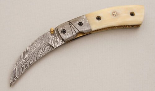 Unknown Maker Damascus Linerlock Folder with Smooth Natural Bone Scales handle material - Obverse Side - Item #KLC14104