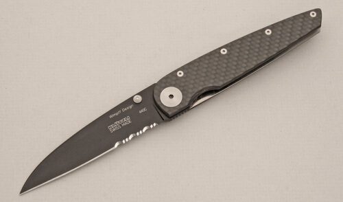 Klotzli Knives Wharncliffe Linerlock Folder with Polished Carbon Fiber Scales handle material - Obverse Side - Item #KLC14212
