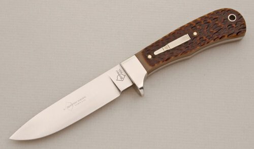Bowen Knives Hunter Knife with Jigged Brown Delrin handle material - Obverse Side - Item #KLC14251