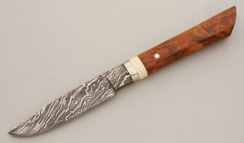 Brad Rutherford Small Damascus Hunter with Spalted Maple Handle handle material - Obverse Side - Item #KLC14256