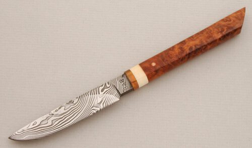 Brad Rutherford Damascus Bird & Trout Knife with Elder Burl Wood Handle handle material - Obverse Side - Item #KLC14257