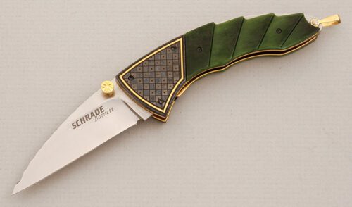 Schrade Cutlery SB2LTD Folder with Green Bone Scales handle material - Obverse Side - Item #KLC14261