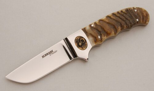 Schrade/D'Holder SDH02 Big Horn Hunter with Bighorn Sheep Horn Scales handle material - Obverse Side - Item #KLC14263