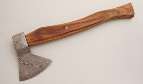 Unknown Maker Damascus Hatchet with Exotic Wood Handle handle material - Obverse Side - Item #KLC14283
