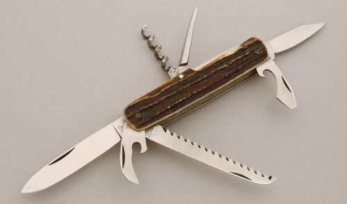 Hen & Rooster Knives 836HH Multi Tool with Stag Handle Scales handle material - Obverse Side - Item #KLC14294
