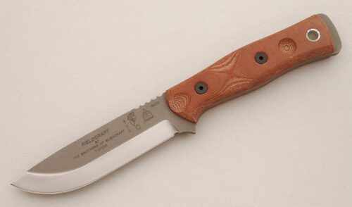 Tops Knives B.O.B. Fieldcraft with Brown Canvas Micarta Scales handle material - Obverse Side - Item #KLC14303