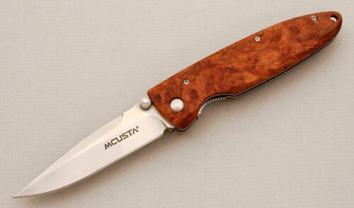 Mcusta Knives Linerlock with Chinese Quince Burl Wood handle material - Obverse Side - Item #KLC14306
