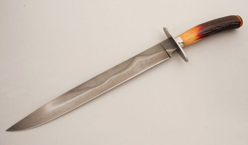 H.M. Tubbs Large Damascus Bowie with Amber Stag Handle handle material - Obverse Side - Item #KLC14334