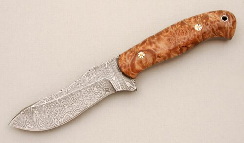 Barry Dawson Damascus Hunter with Burl Wood Handle Scales handle material - Obverse Side - Item #KLC14342