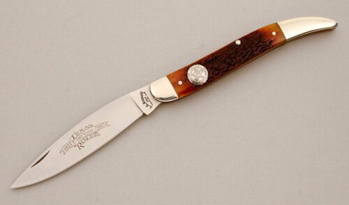 A.G. Russell 2003 Texas Ranger Knife with European Red Deer Bone Scales handle material - Obverse Side - Item #KLC14350