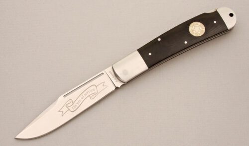 A.G. Russell 2009 Texas Ranger Lockback with Black Rucarta Handle Scales handle material - Obverse Side - Item #KLC14351
