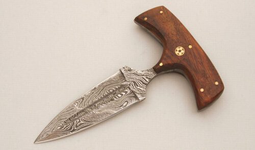 Unknown Maker Damascus Push Dagger with Rosewood Handle Scales handle material - Obverse Side - Item #KLC14362
