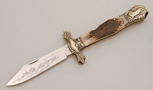 Parker Cutlery EK-1 Folding Bowie with Burnt Jigged Bone Scales handle material - Obverse Side - Item #KLC14385