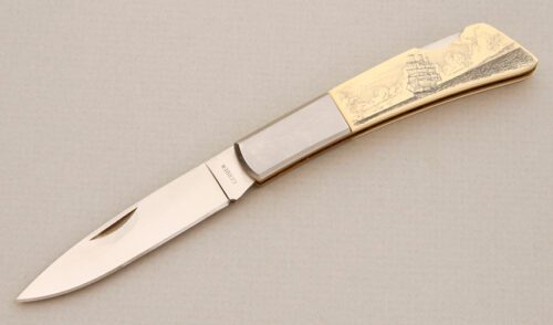 Gerber Knives 300A Silver Knight Lockback with Ivory Micarta Scales handle material - Obverse Side - Item #KLC14394
