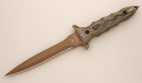 Fox Cutlery MODRAS Dagger with Tan & Black G10 Scales handle material - Obverse Side - Item #KLC14402