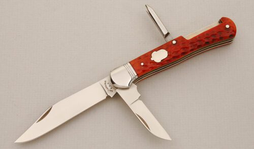Cattaraugus Cutlery KCC FH-3 Folding Hunter with Red Jigged Bone Scales handle material - Obverse Side - Item #KLC14416