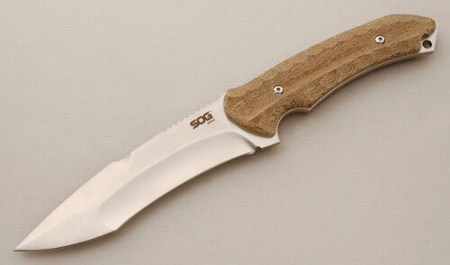 Sog Knives Large Kiku Satin Finish with Green Canvas Micarta Scales handle material - Obverse Side - Item #KLC14442