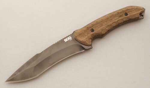 Sog Knives Large Kiku Black TiNi with Green Canvas Micarta Scales handle material - Obverse Side - Item #KLC14443