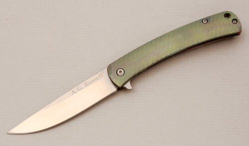 A.G. Russell Fluted Titanium Framelock with Green Anodized Titanium Frame handle material - Obverse Side - Item #KLC14460