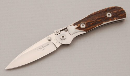 A.G. Russell K87 One Hand Knife with India Stag Scales handle material - Obverse Side - Item #KLC14464