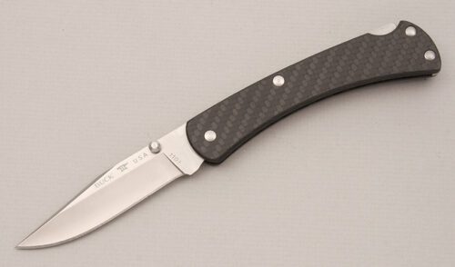 Buck Knives Model 110 Slim Limited Edition with Carbon Fiber Handle handle material - Obverse Side - Item #KLC14465