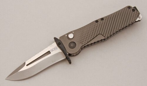 Sog Knives Quake Folder with Anodized Aluminum Scales handle material - Obverse Side - Item #KLC14475