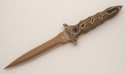 Fox Cutlery MODRAS Dagger with Tan & Black G10 Scales handle material - Obverse Side - Item #KLC14485
