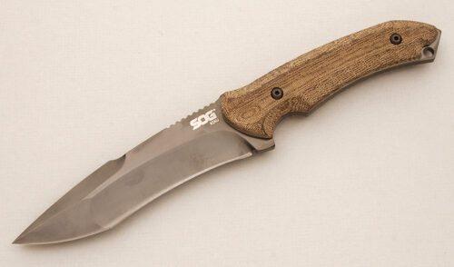 Sog Knives Small Kiku TiNi with Grenn Linen Micarta Scales handle material - Obverse Side - Item #KLC14487