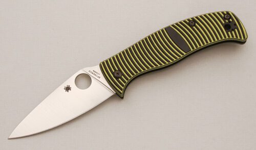 Spyderco Knives Caribbean with Layered Black & Yellow G10 handle material - Obverse Side - Item #KLC14504