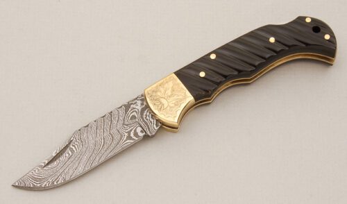 Unknown Maker Damascus Lockback with Fluted Buffalo Horn Scales handle material - Obverse Side - Item #KLC14531