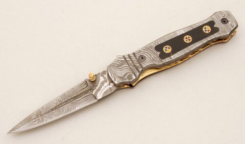 Unknown Maker Folding Dagger with Damascus Steel Frame handle material - Obverse Side - Item #KLC14533