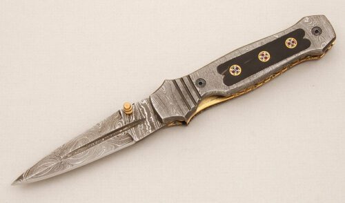 Unknown Maker Folding Dagger with Damascus Frame handle material - Obverse Side - Item #KLC14534
