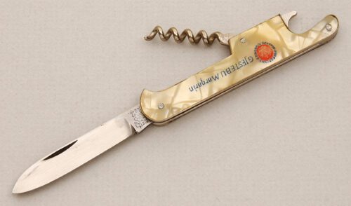 Elosi Cutlery Bartender's Advertising Knife with Faux Pearl Celluloid Scales handle material - Obverse Side - Item #KLC14538
