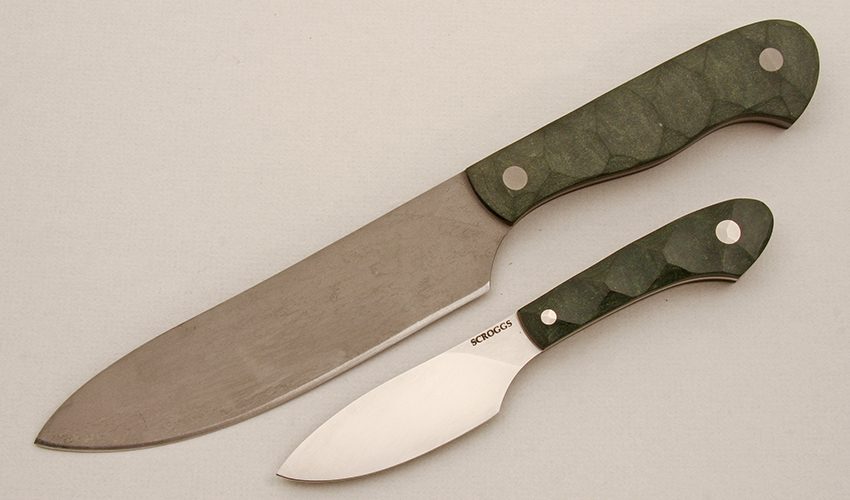 James Scroggs Model 6 & 8 Survival Set with Sculpted Green Warwood Scales handle material - Obverse Side - Item #KLC14551